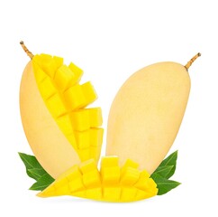 Mango isolated. Fresh organic mango with leaves on white background. Mango with clipping path