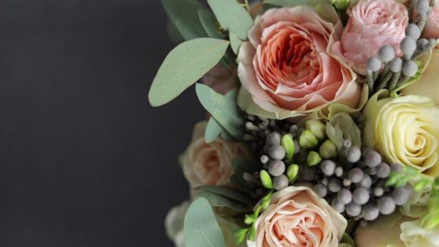 Close up of beautiful modern wedding bouquet, Bouquet of fresh roses.