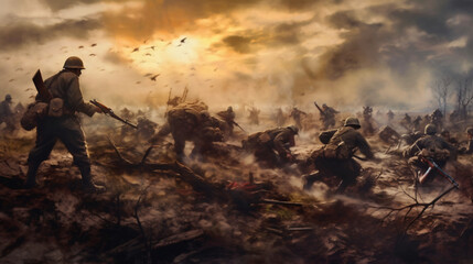 Obraz na płótnie Canvas Soldiers on the battlefield in world war ii