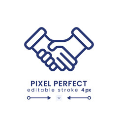 Handshake linear desktop icon. Business deal. Partnership agreement. Businessmen meeting. Pixel perfect, outline 4px. GUI, UX design. Isolated user interface element for website. Editable stroke