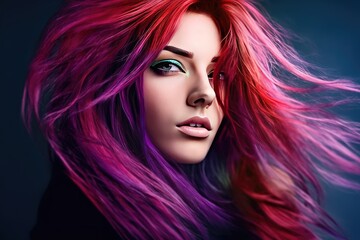 Beautiful Hair. Girl With Healthy Wavy Long Pink Hair. Portrait Happy Woman With Beauty Face, Makeup And Perfect Curls. Volume, Hairstyle, Hairdressing Concept. created with generative ai