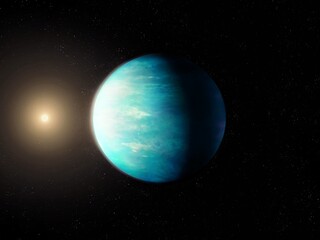 Earth-like planet in the habitable zone of its star. Remarkable exoplanet in deep space. A distant planet with conditions suitable for life.