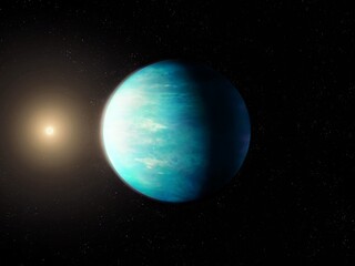 Fototapeta premium Earth-like planet in the habitable zone of its star. Remarkable exoplanet in deep space. A distant planet with conditions suitable for life.