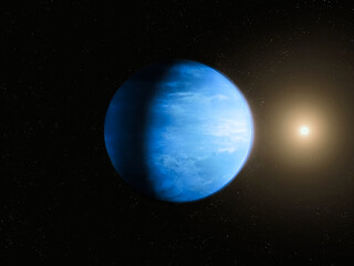 Super-Earth in the habitable zone of its star. Exoplanet in deep space. Distant planet with liquid water on the surface.