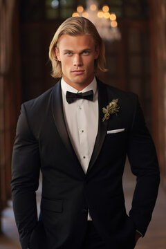 Handsome blond man wearing tuxedo 