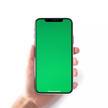 Close up of man's hand holding a smart phone with vertical green mock up chroma key screen and doing gestures on touchscreen