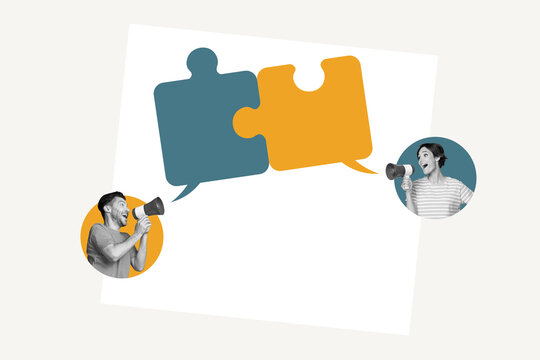 Photo collage friends girl with guy loudspeaker screaming message ukraine war politics crisis puzzles matches isolated on white background - Powered by Adobe