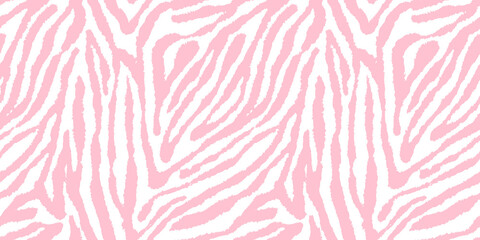 Seamless playful light pastel pink and white zebra or tiger stripe fabric pattern. Abstract cute trendy safari animal print background texture. Girls birthday, baby shower or nursery wallpaper design. - obrazy, fototapety, plakaty