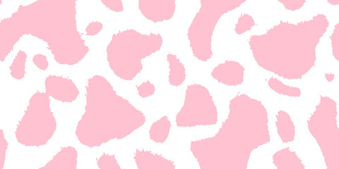 Seamless playful light pastel pink and white cow or calico cat spots fabric pattern. Abstract cute trendy animal print background texture. Girl's birthday, baby shower or nursery wallpaper design.