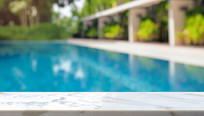 Empty tabletop and blurred swimming pool in a tropical resort in summer for display or montage your products.