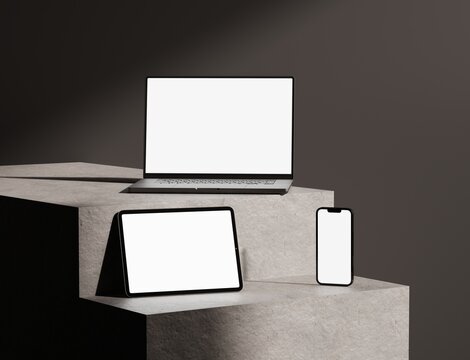 Responsive Web Design and website Mockup, Devices Mock up, Smartphone desktop tablet laptop template Mockup, Realistic 3D Render Illustration.