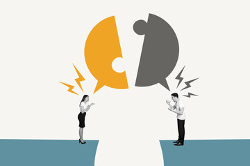 Retro magazine collage image of angry furious couple having divorce isolated beige color background