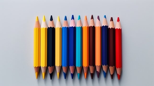 Multicolored pencils, drawing tools and hobbies. Solid color background, generative AI
