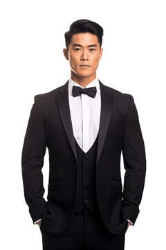Portrait of a handsome asian man wearing tuxedo on transparent background. No background. 