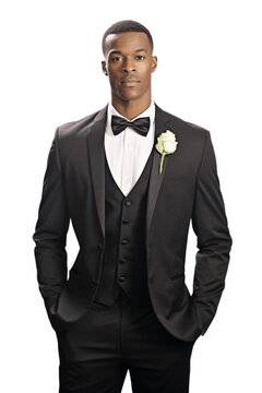 Portrait of a handsome black man wearing tuxedo on transparent background. No background. 