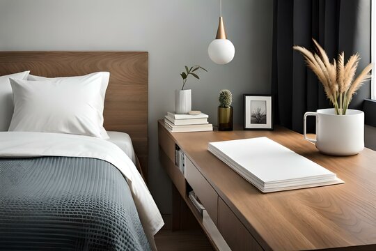 bed room, Vase with olive tree branches on wooden table