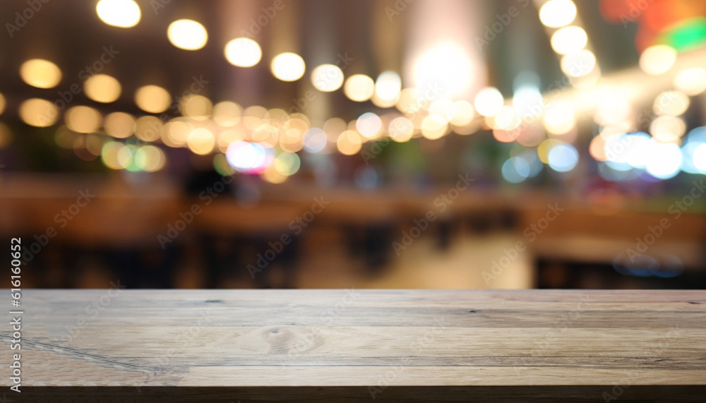 Poster empty wooden table in front of abstract blurred background of coffee shop . can be used for display 