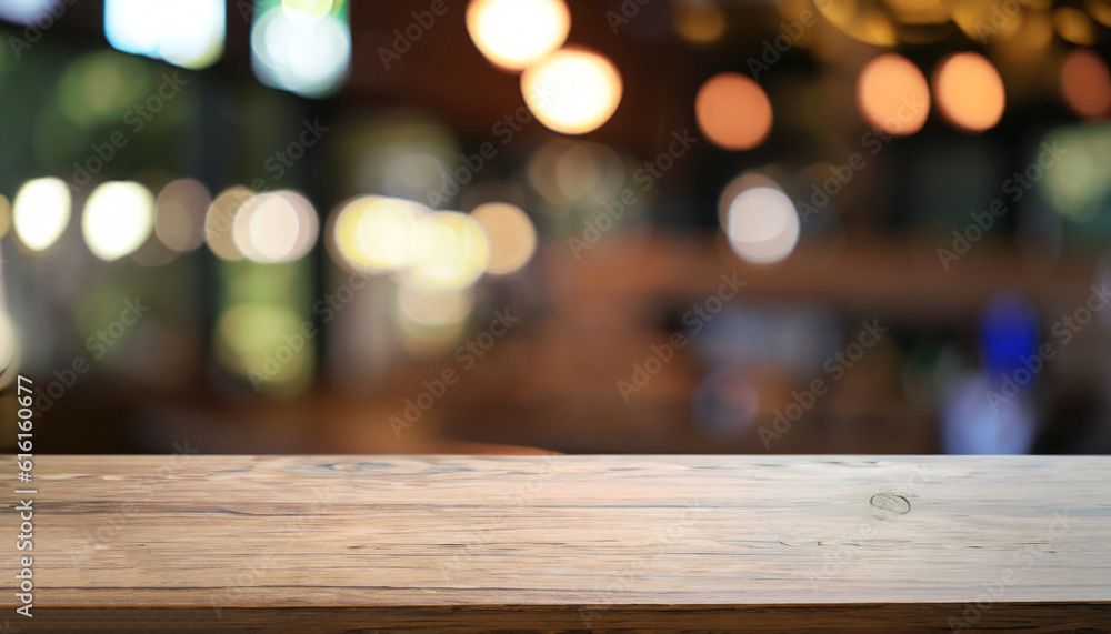Poster empty wooden table in front of abstract blurred background of coffee shop . can be used for display 