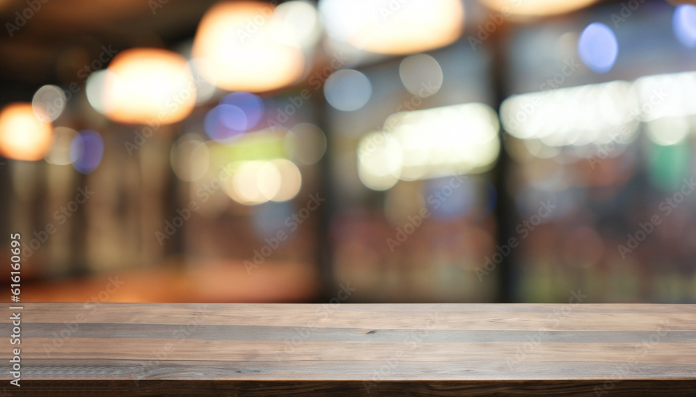 Poster empty wooden table in front of abstract blurred background of coffee shop . can be used for display 