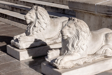 Lions at the entrance to Metropolitan Cathedral of Athens (Great Metropolis). Ortodox church built in XIX century. Byzantine style, Athens, Greece