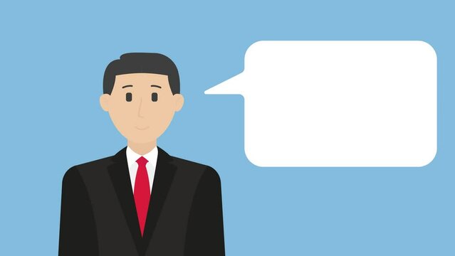 lip syncing Facial Animation for narration. male character businessman speaking, speech bubble, copy space for text. animated footage flat style. talking mouth, lips expressions