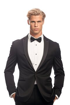Portrait of a handsome blond man wearing tuxedo on transparent background. No background. 