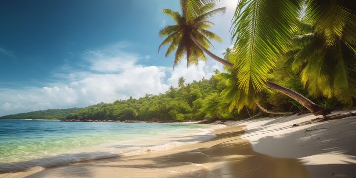beach with palm trees, Celestial Delight: A Photographic Capture of a Blue Sky with Happy Little White Clouds, Evoking Serenity and Joy in a Bright and Sunny Summer Day