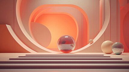 Futuristic Egg Scene With Staircase: Large And Small Eggs On Ground, Large Egg On Top, Small Egg In Middle - Stock Photo 3D Animation Motion Graphic Still  Generative AI