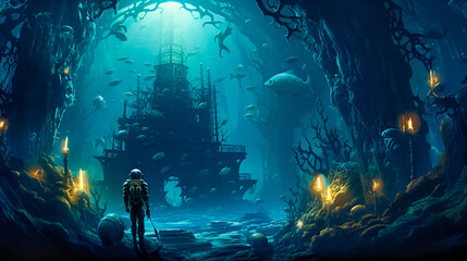 Diver in the sea world. Deep ocean exploration