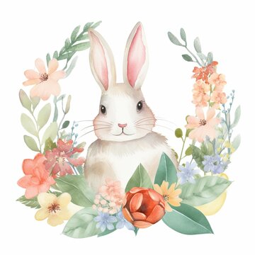 Watercolor cute bunny with a floral wreath isolated on white background. Floral Easter Bunny Clipart, AI Generated