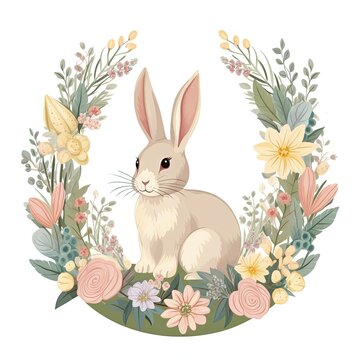 Rabbit and floral wreath. Cute cartoon illustration. Floral Easter Bunny Clipart, AI Generated