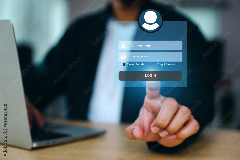 Poster businessman use laptop login username and password identity or sign up register concepts of cyber se