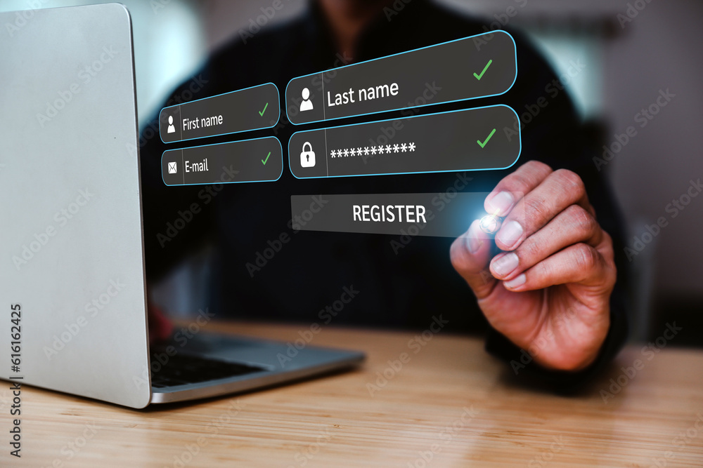 Poster businessman use laptop login username and password identity or sign up register concepts of cyber se