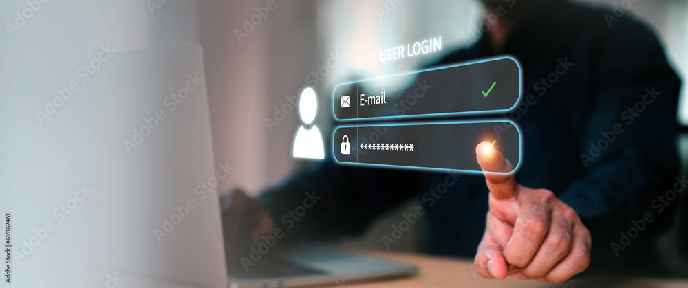Poster businessman use laptop login username and password identity or sign up register concepts of cyber se
