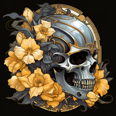 Black and grey medieval robotic knight helmet skull with yellow flowers. Generative AI