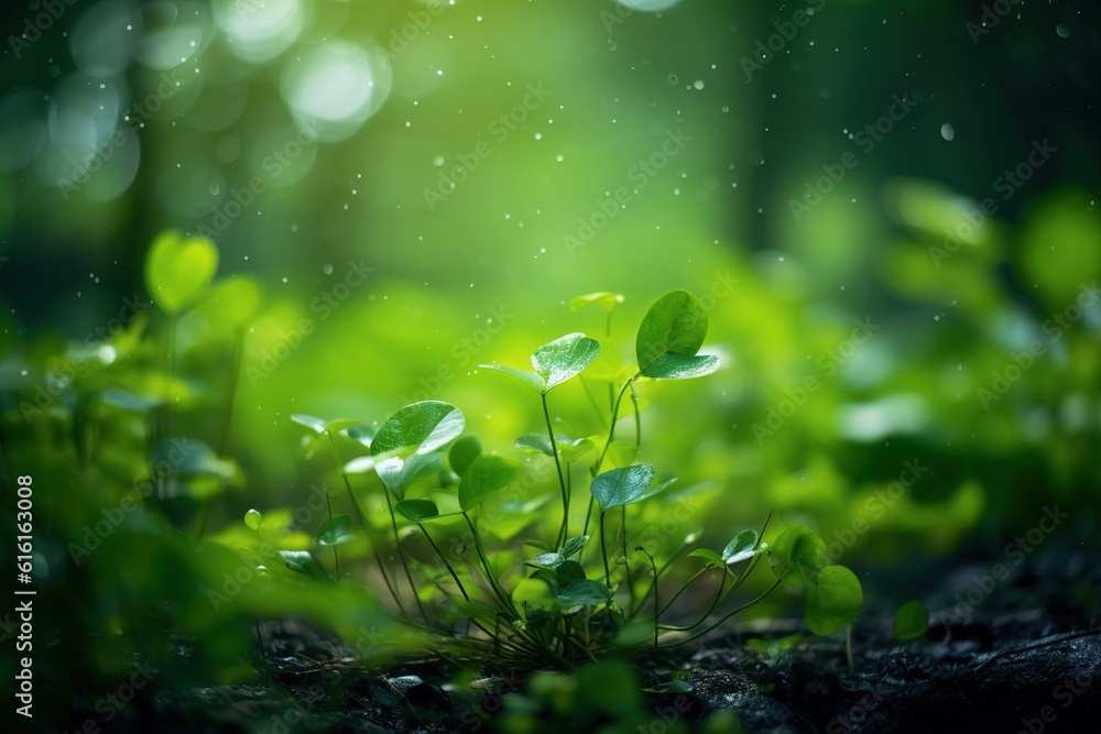 Poster tree branch with leaves in the forest. beautiful bokeh.
