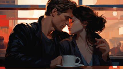 Illustration of a lovely young couple about to kiss in a coffee shop - obrazy, fototapety, plakaty