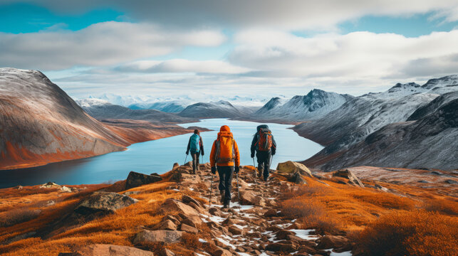 View of three backpackers walking up the mountain in beautiful remote arctic wilderness