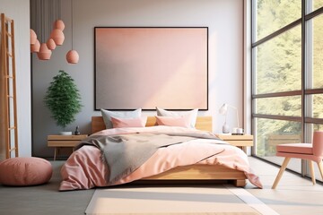 Bedroom interior with a large window and decor in pink colors. Generative AI - obrazy, fototapety, plakaty