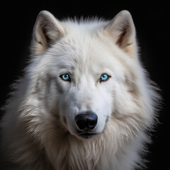 Obraz premium portrait of a white wolf staring at the camera, black background