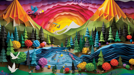 Origami folded paper mountains landscape illustration