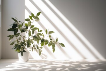 Potted plant and window shadow on wall in white room. Generative AI