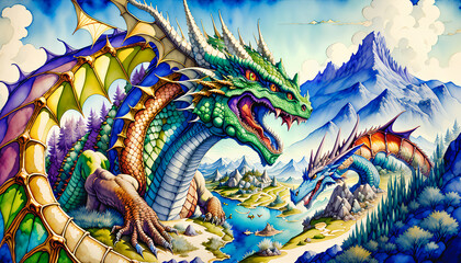 Obraz premium Big magical dragon in the land of fairy tales and magic. Watercolor style. Generative AI.