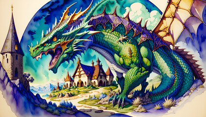 Big magical dragon in the land of fairy tales and magic. Watercolor style. Generative AI.