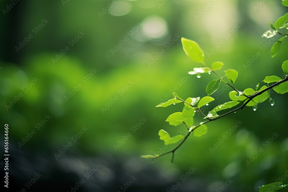 Poster tree branch with leaves in the forest. beautiful bokeh.