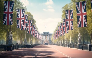 The Union Jack flags lining The Mall in central London, Generative Ai - obrazy, fototapety, plakaty