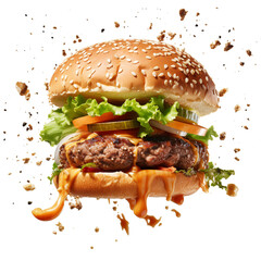 Large delicious juicy smoky burger separated on ingredients floating in air  - obrazy, fototapety, plakaty