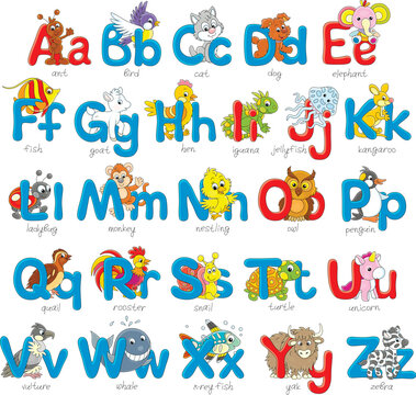 English alphabet and dropped capitals with funny toy animals, a set of vector cartoon illustrations on a white background