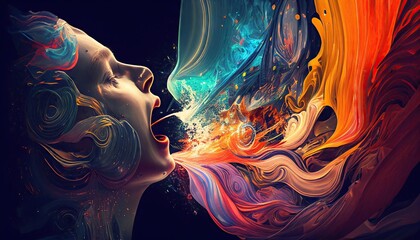 woman spitting out colorful organic matter from her mouth colorful and modern abstract and Elegant Modern illustrationby AI generated.