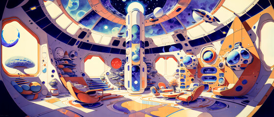 Space station room with windows overlooking the cosmos. Watercolor style. Generative AI.